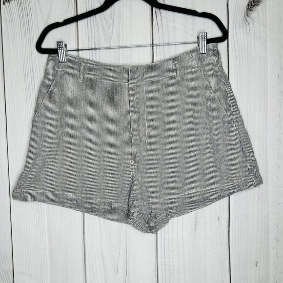 Abercrombie & Fitch Sz L 2.5" Shorts High Rise Linen Blend Blue White Striped - Picture 1 of 7